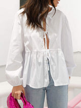 Tied Round Neck Long Sleeve Blouse - Trendsi - Flyclothing LLC
