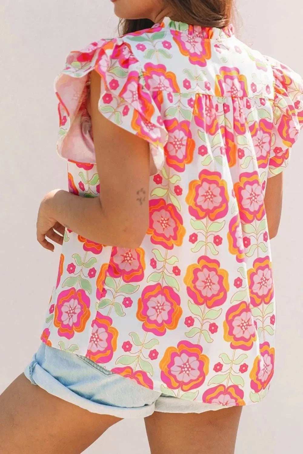 Floral Ruffled Sleeve Ric-Rac Trim Split Neck Loose Blouse - Trendsi - Flyclothing LLC