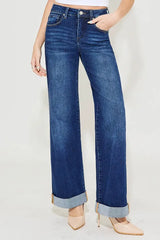 RISEN Full Size Tummy Control High Rise Wide Leg Cuffed Jeans Plus Size - Trendsi - Flyclothing LLC