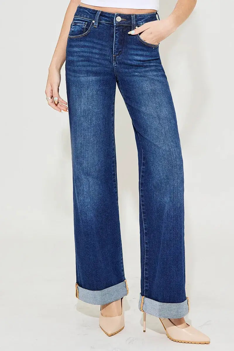 RISEN Full Size Tummy Control High Rise Wide Leg Cuffed Jeans Plus Size - Trendsi - Flyclothing LLC