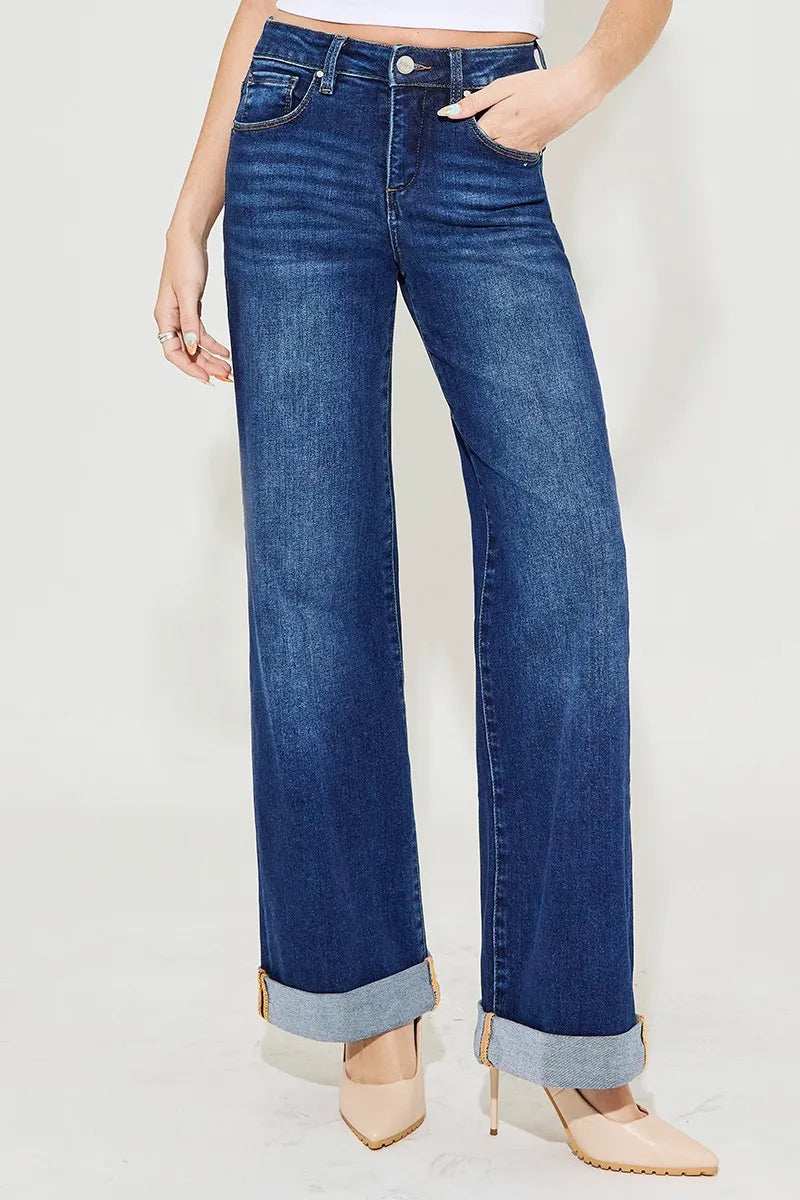 RISEN Full Size Tummy Control High Rise Wide Leg Cuffed Jeans Plus Size - Trendsi - Flyclothing LLC