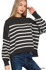 Zenana Exposed Seam Striped Oversized Sweater - Trendsi - Flyclothing LLC