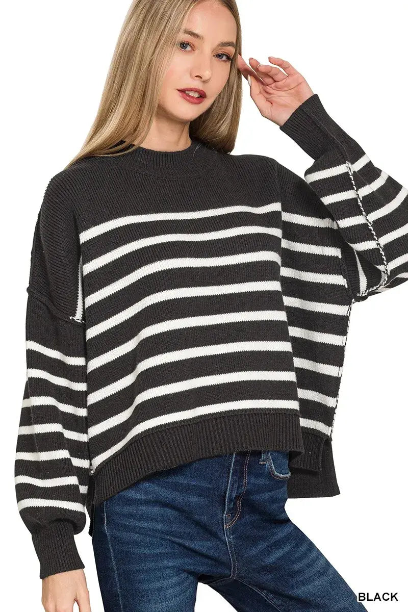 Zenana Exposed Seam Striped Oversized Sweater - Trendsi - Flyclothing LLC