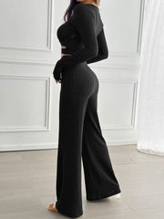 Devine Crisscross Round Neck Long Sleeve Top and Pants Set - Trendsi