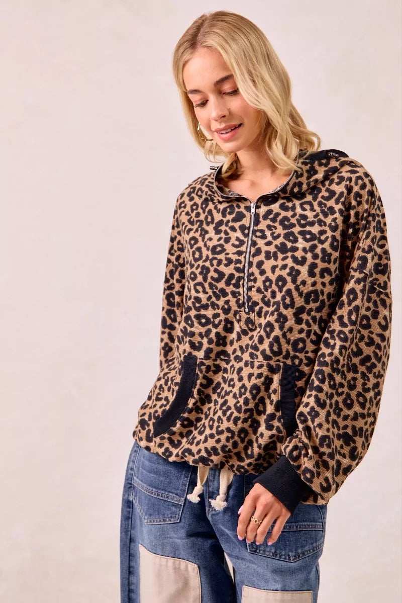 BiBi Leopard Print Waffle Half Zip Up Hoodie W Pocket - Trendsi - Flyclothing LLC
