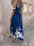 Printed Cold Shoulder Short Sleeve Maxi Dress - Trendsi