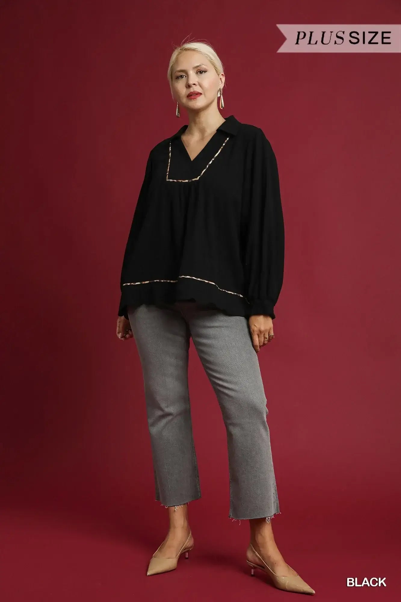 Umgee Full Size Linen Scallop Hem Blouse with Contrast Trim Plus Size - Trendsi - Flyclothing LLC