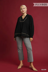 Umgee Full Size Linen Scallop Hem Blouse with Contrast Trim Plus Size - Trendsi - Flyclothing LLC