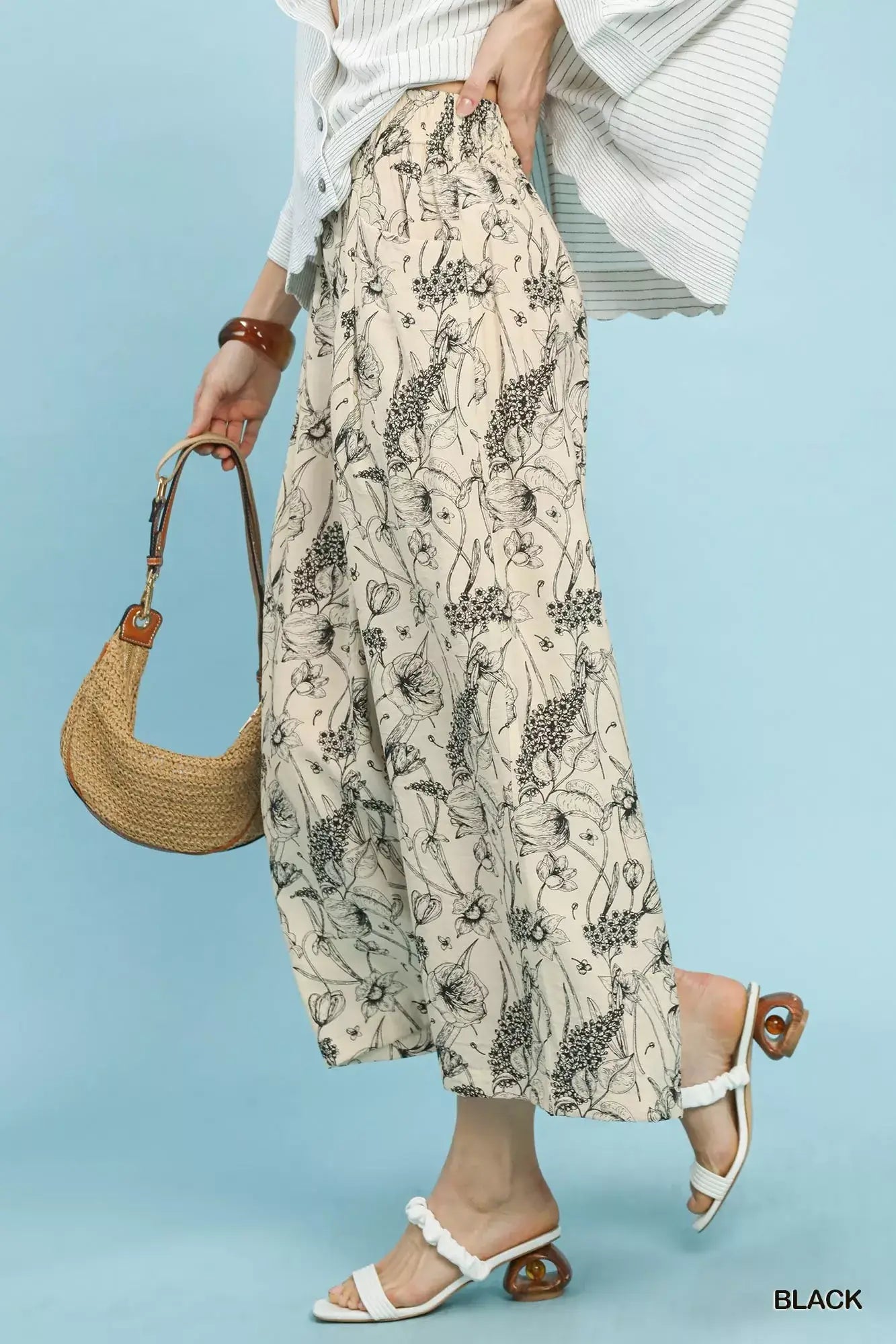 Umgee Two Tone Floral Print Pants - Trendsi - Flyclothing LLC