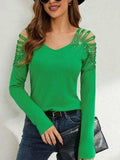 Rhinestone Cutout Long Sleeve T-Shirt - Trendsi - Flyclothing LLC