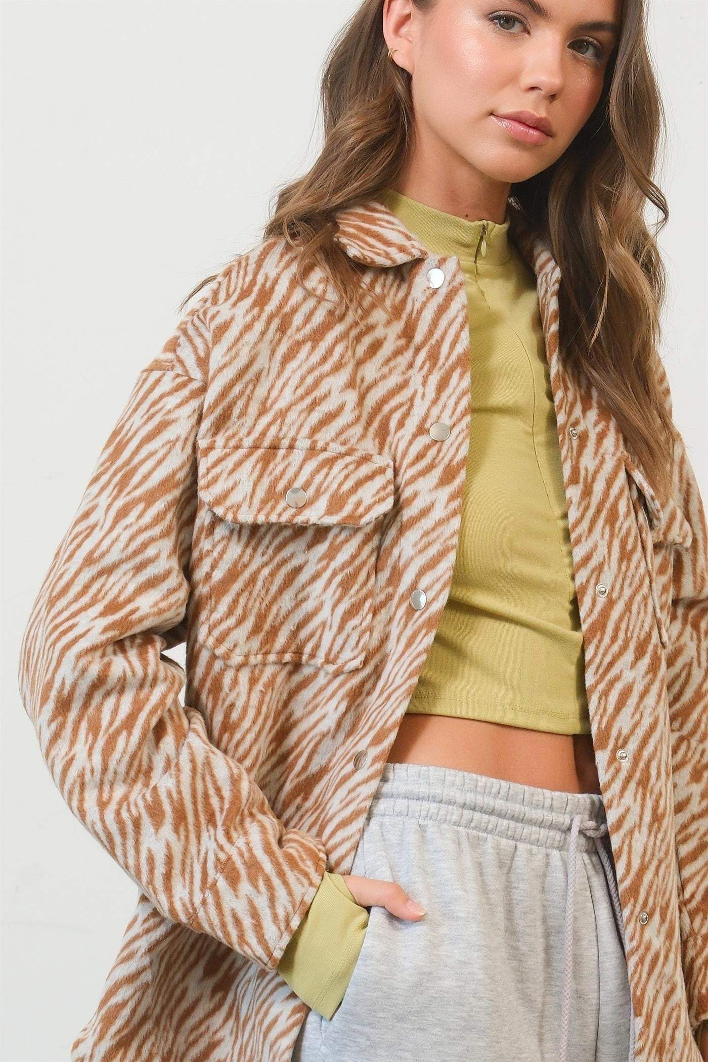 HYFVE Zebra Print Snap Down Long Sleeve Shacket - Trendsi - Flyclothing LLC