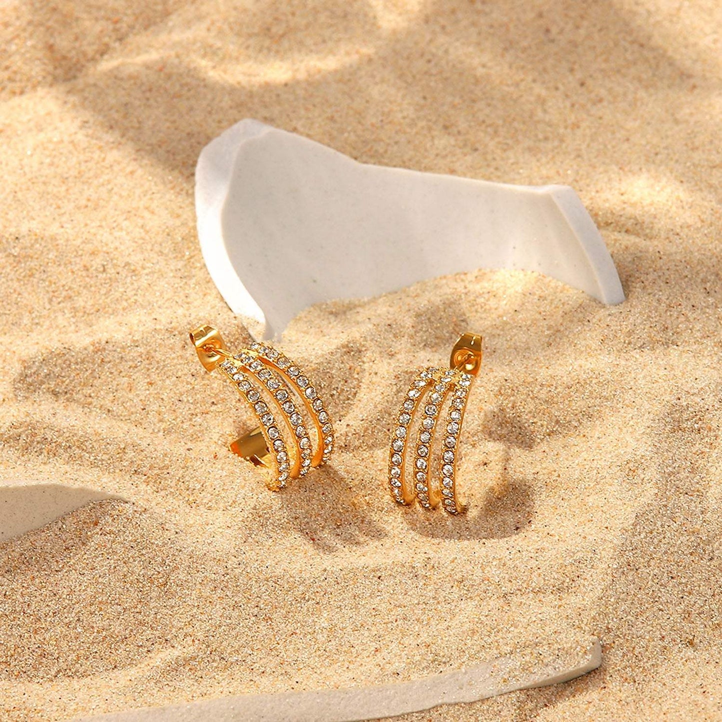 Stainless Steel Inlaid Zircon C-Hoop Earrings - Trendsi - Flyclothing LLC