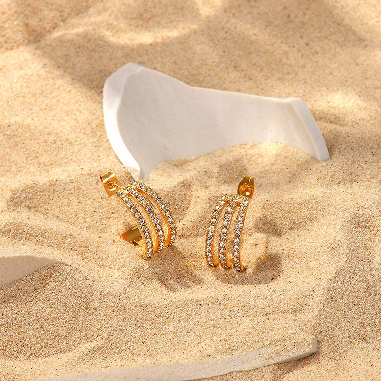 Stainless Steel Inlaid Zircon C-Hoop Earrings - Trendsi - Flyclothing LLC