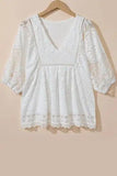 Lace Crochet Hollowed Scallop Hem V Neck Blouse - Trendsi