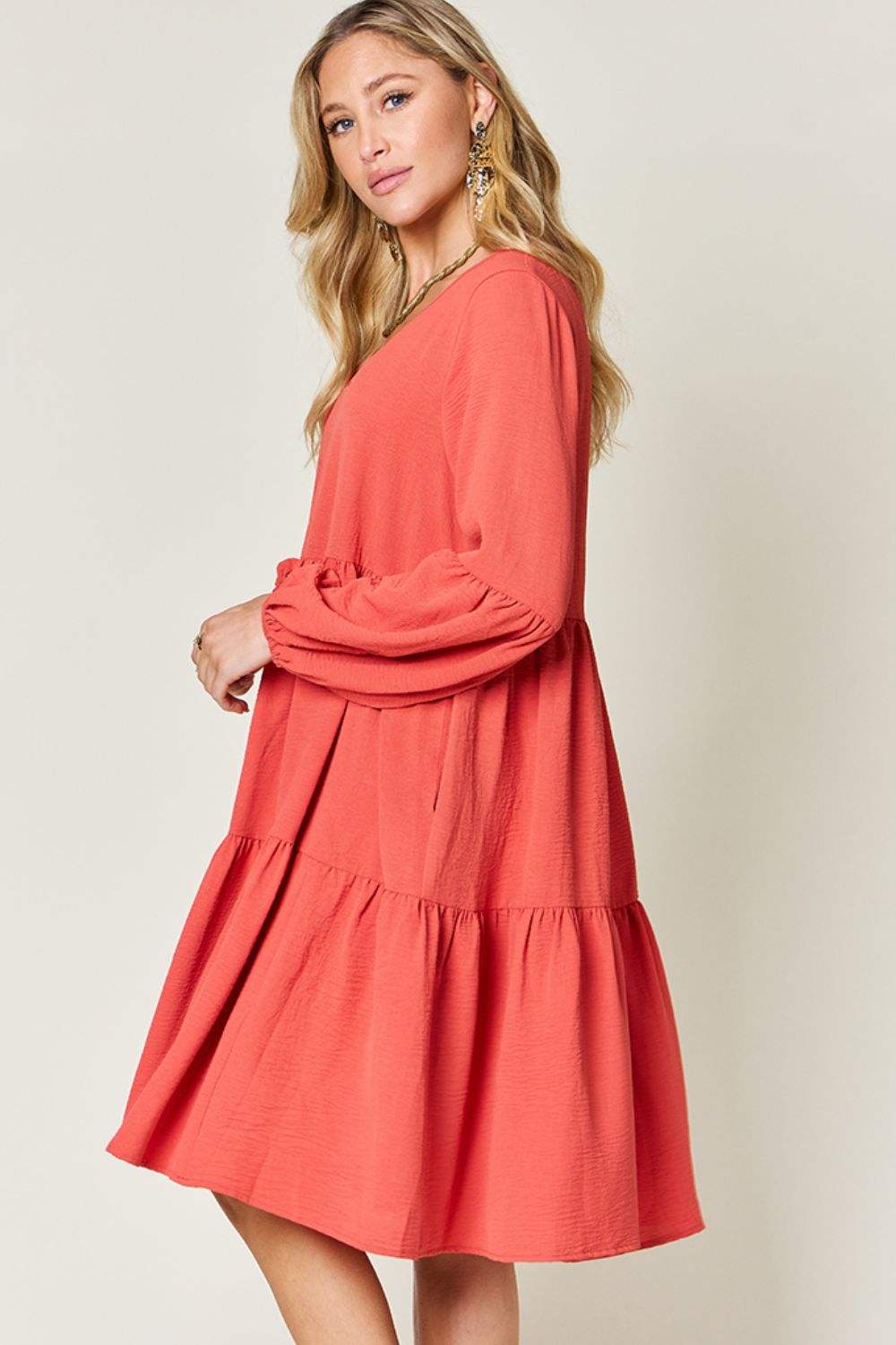 Double Take Full Size V-Neck Balloon Sleeve Tiered Dress - Trendsi - Flyclothing LLC