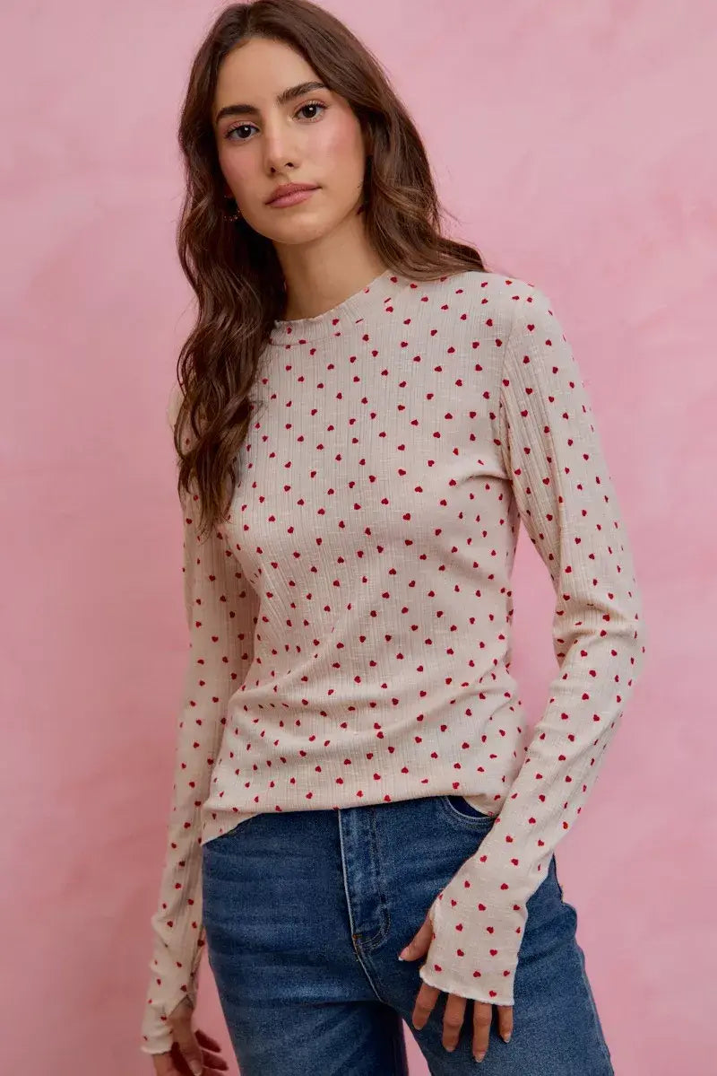 SO ME Ditsy Heart All Over Slub Rib Knit Valentine Top - Trendsi - Flyclothing LLC