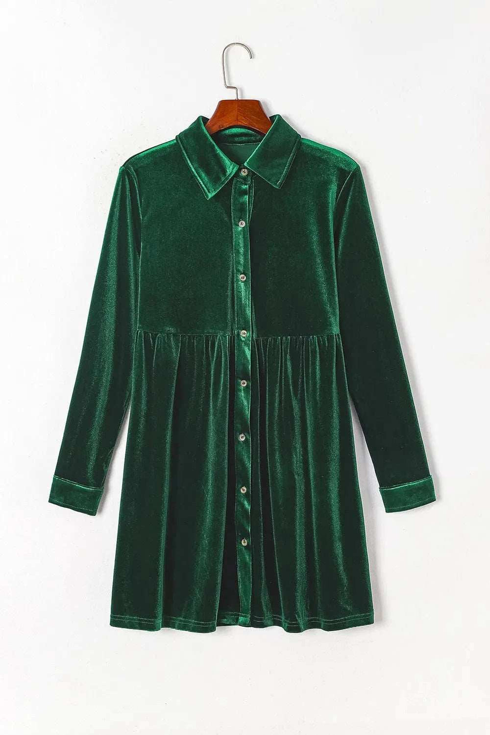 Ruched Button Up Collared Neck Long Sleeve Shirt Dress - Trendsi - Flyclothing LLC