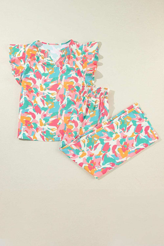 Printed Notched Cap Sleeve Top and Pants Set - Trendsi - Flyclothing LLC