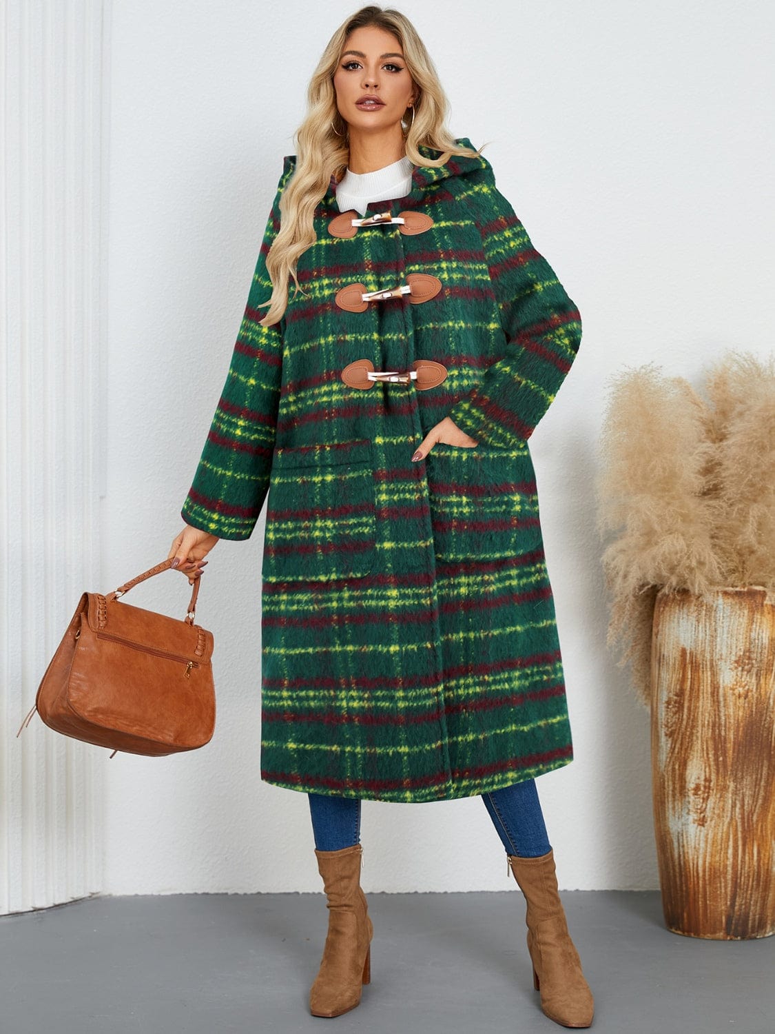 Plaid Long Sleeve Hooded Coat with Pockets - Trendsi
