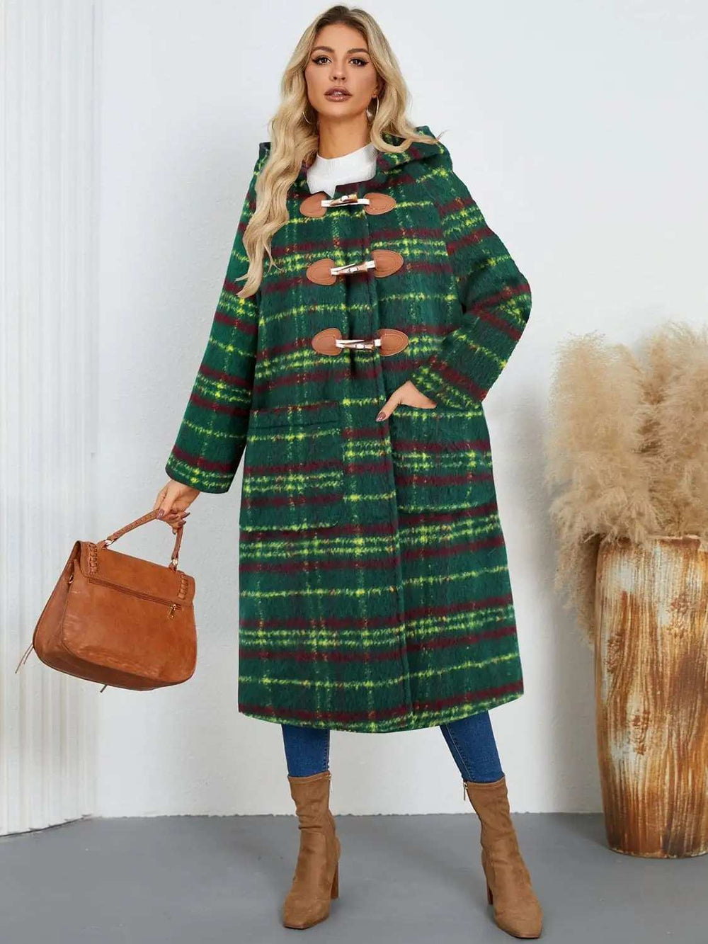 Plaid Long Sleeve Hooded Coat with Pockets - Trendsi - Flyclothing LLC