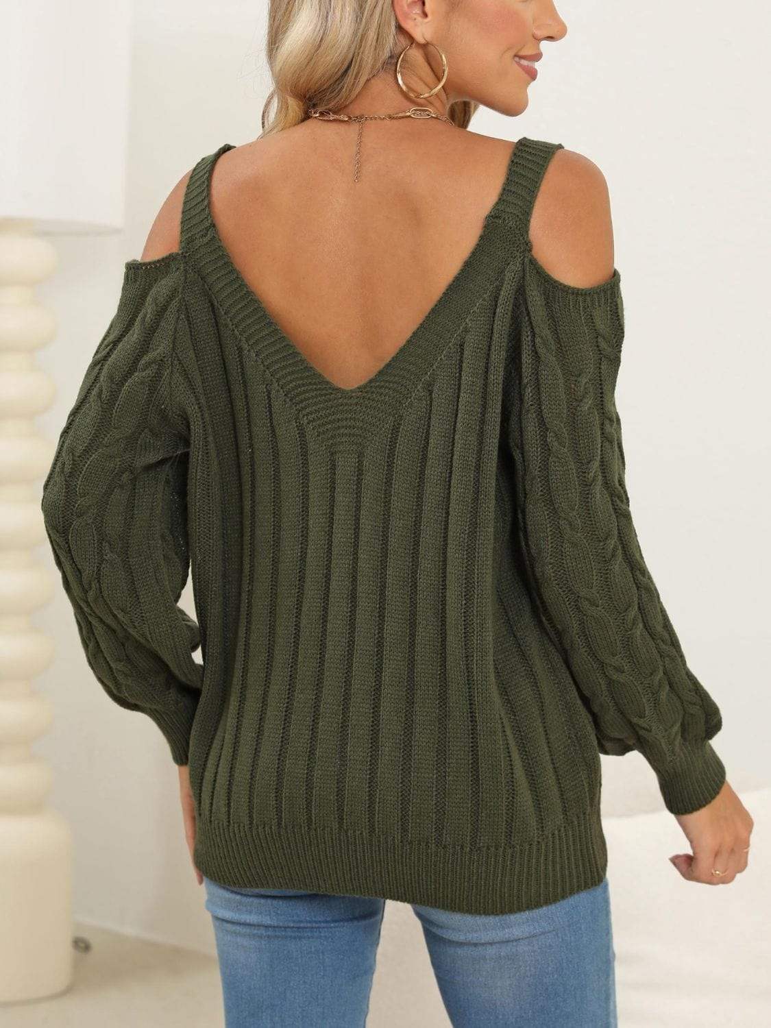 Cable-Knit V-Neck Long Sleeve Sweater - Trendsi - Flyclothing LLC