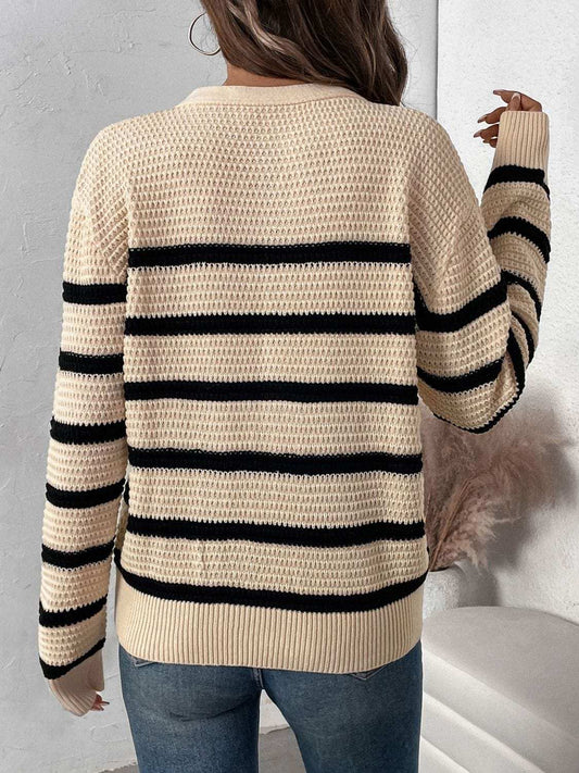 Perfee Striped Half Button Long Sleeve Sweater - Trendsi - Flyclothing LLC
