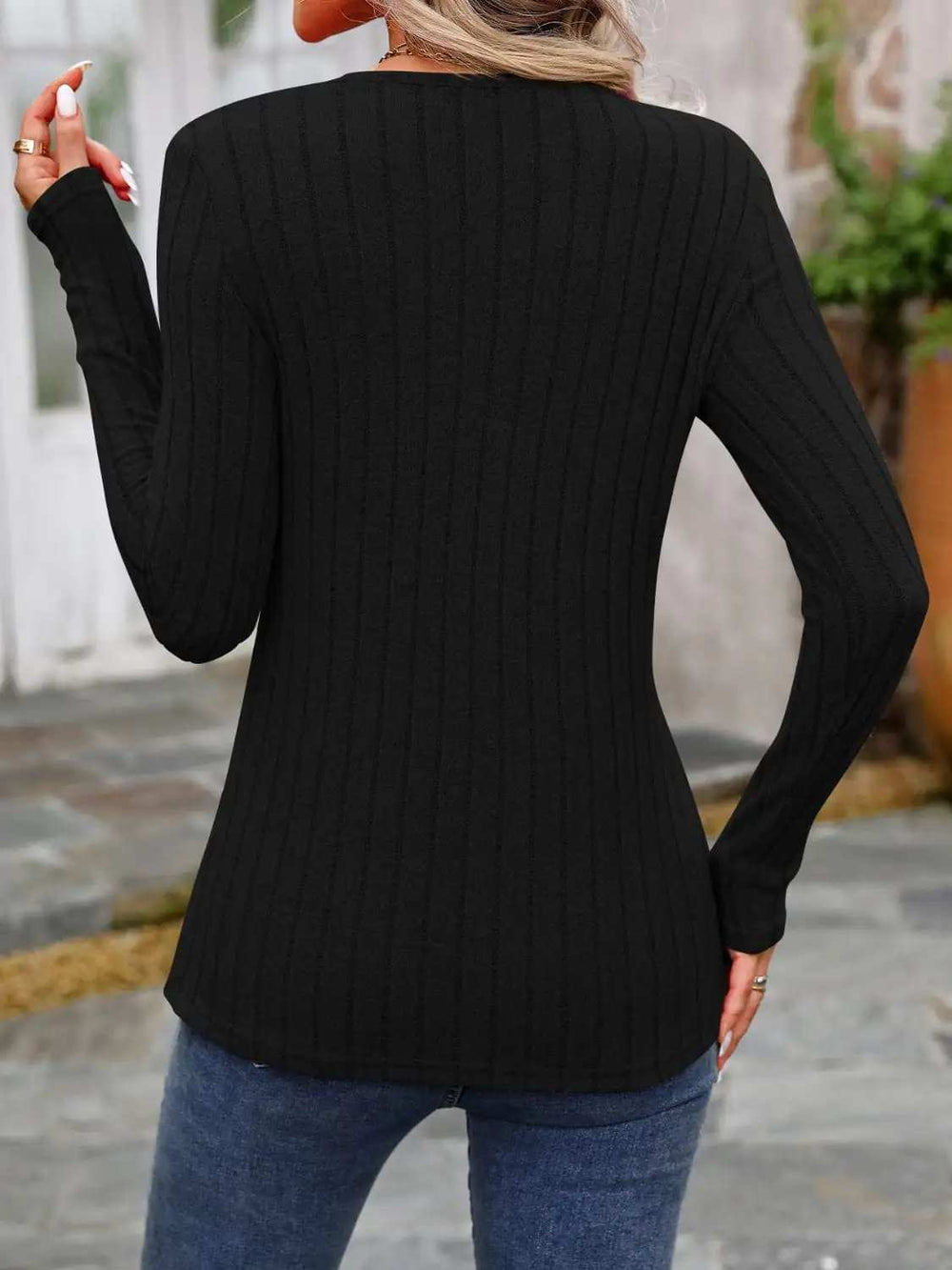 Decorative Button Round Neck Long Sleeve T-Shirt - Trendsi - Flyclothing LLC