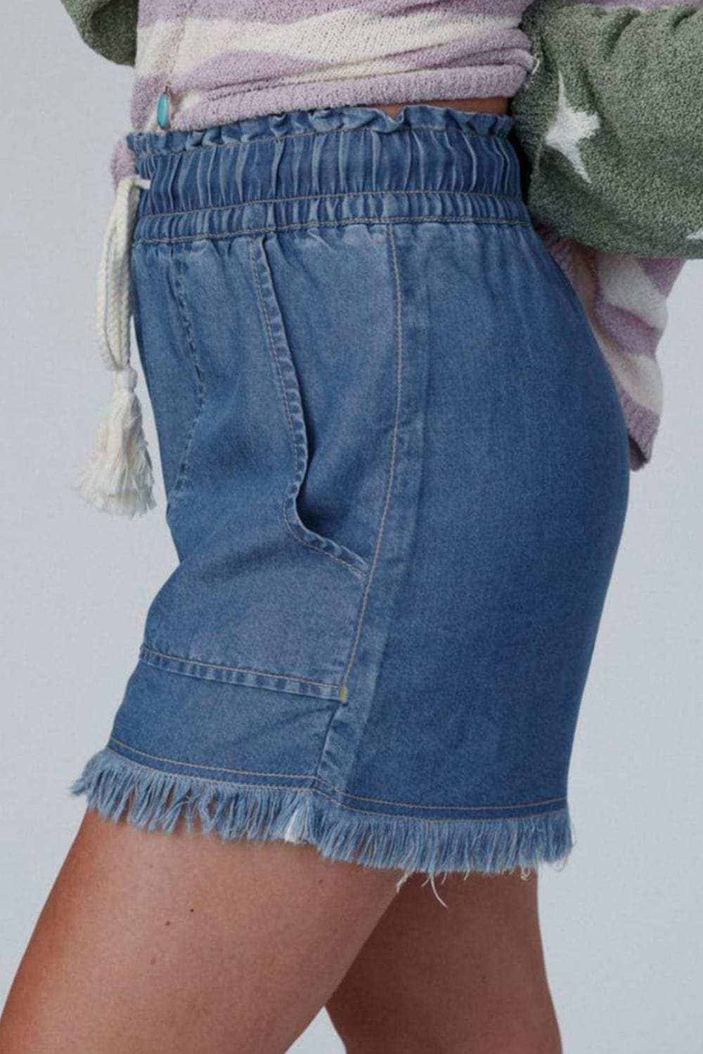 Raw Hem Drawstring High Waist Denim Shorts with Pockets - Trendsi - Flyclothing LLC