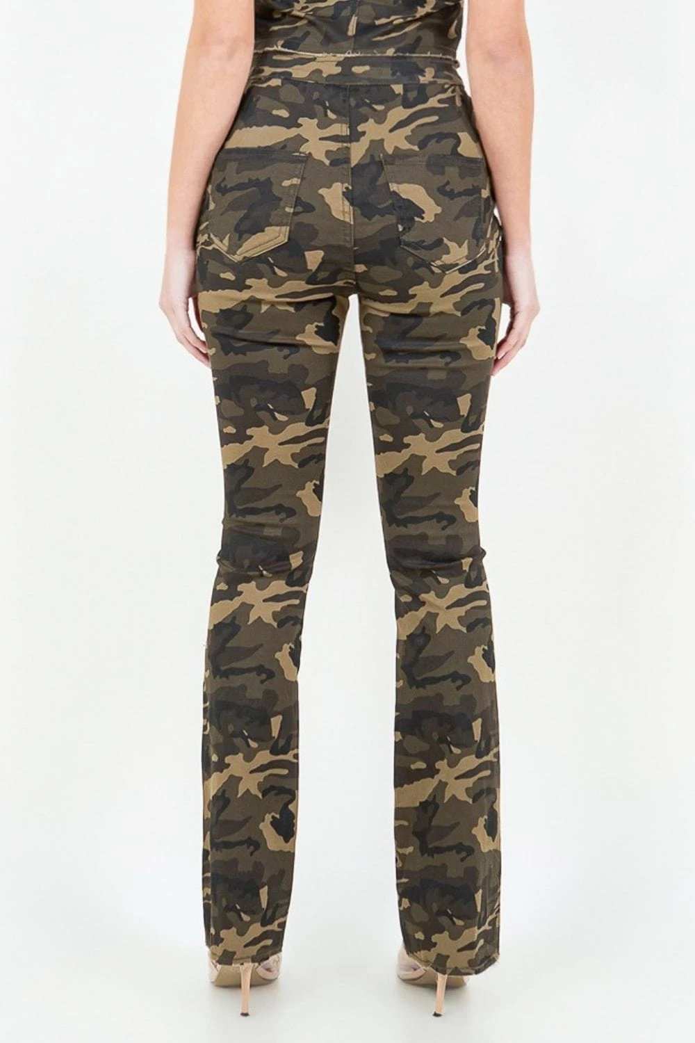 American Bazi V-Cut Ruched Camo Flare Pants - Trendsi - Flyclothing LLC