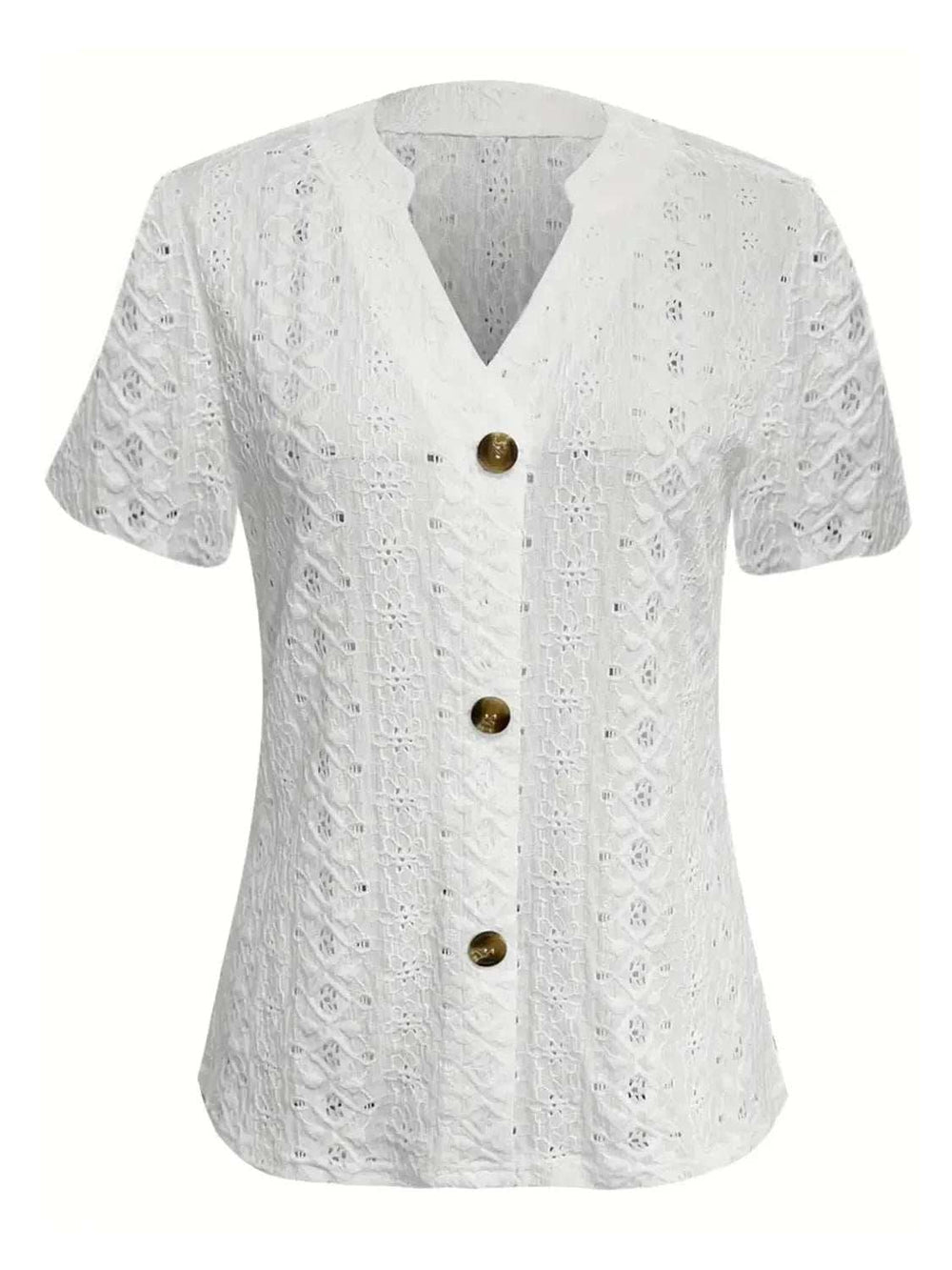 Openwork Notched Short Sleeve Top - Trendsi - Flyclothing LLC
