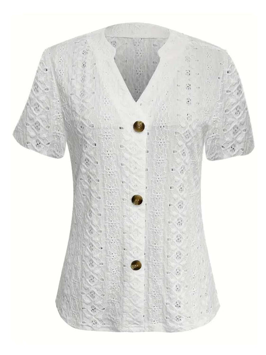 Openwork Notched Short Sleeve Top - Trendsi - Flyclothing LLC