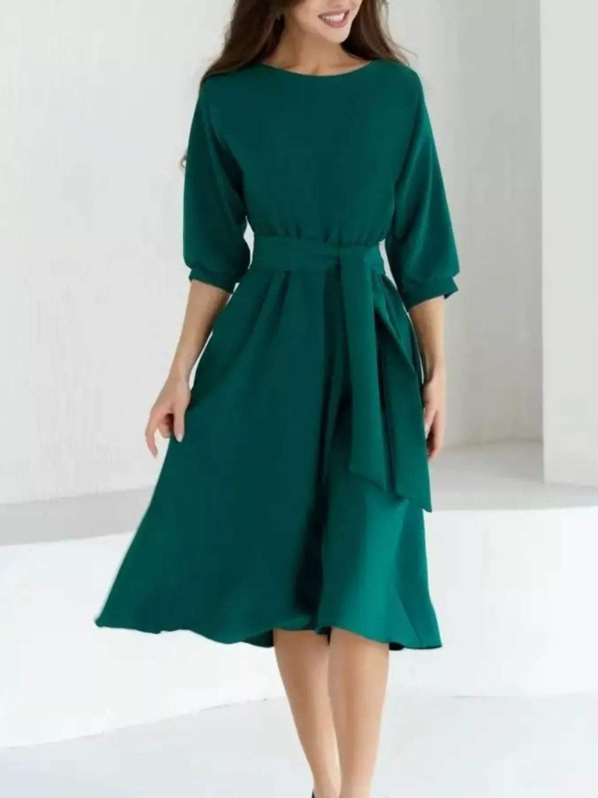 Elegant Belted Waist Midi Dress - Trendsi - Flyclothing LLC