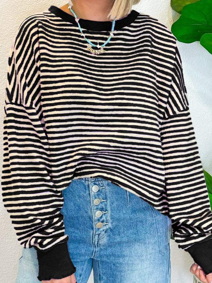 Striped Round Neck Long Sleeve Sweatshirt - Trendsi - Flyclothing LLC