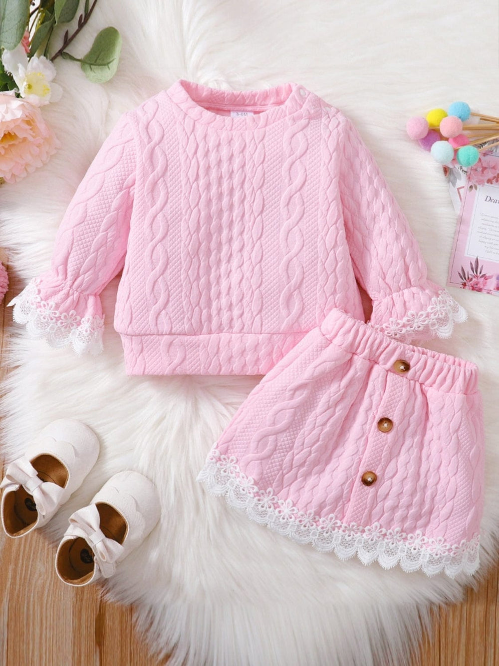 Children's Lace Detail Top and Skirt Set - Trendsi