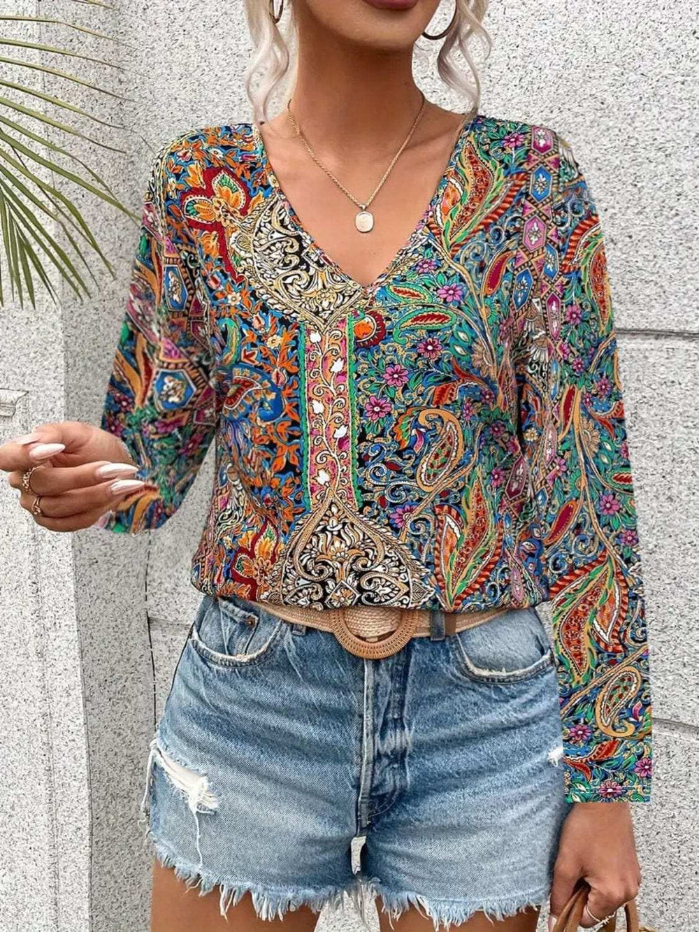 Printed V-Neck Long Sleeve Blouse - Trendsi - Flyclothing LLC
