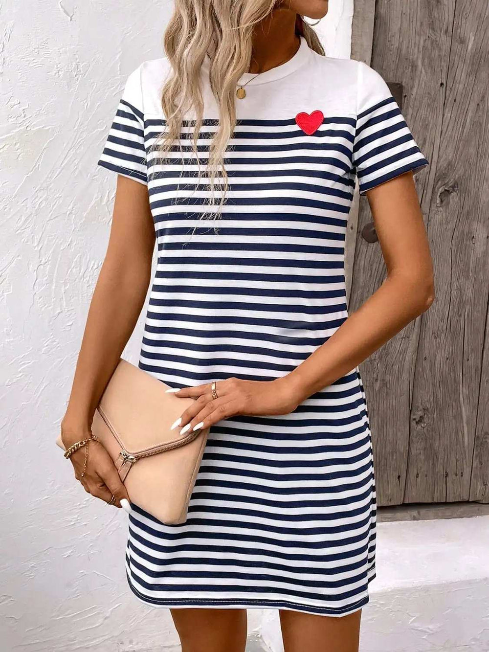 Striped Round Neck Short Sleeve Mini Dress - Trendsi - Flyclothing LLC