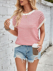 Lovelet Striped Round Neck Cap Sleeve Sweater - Trendsi