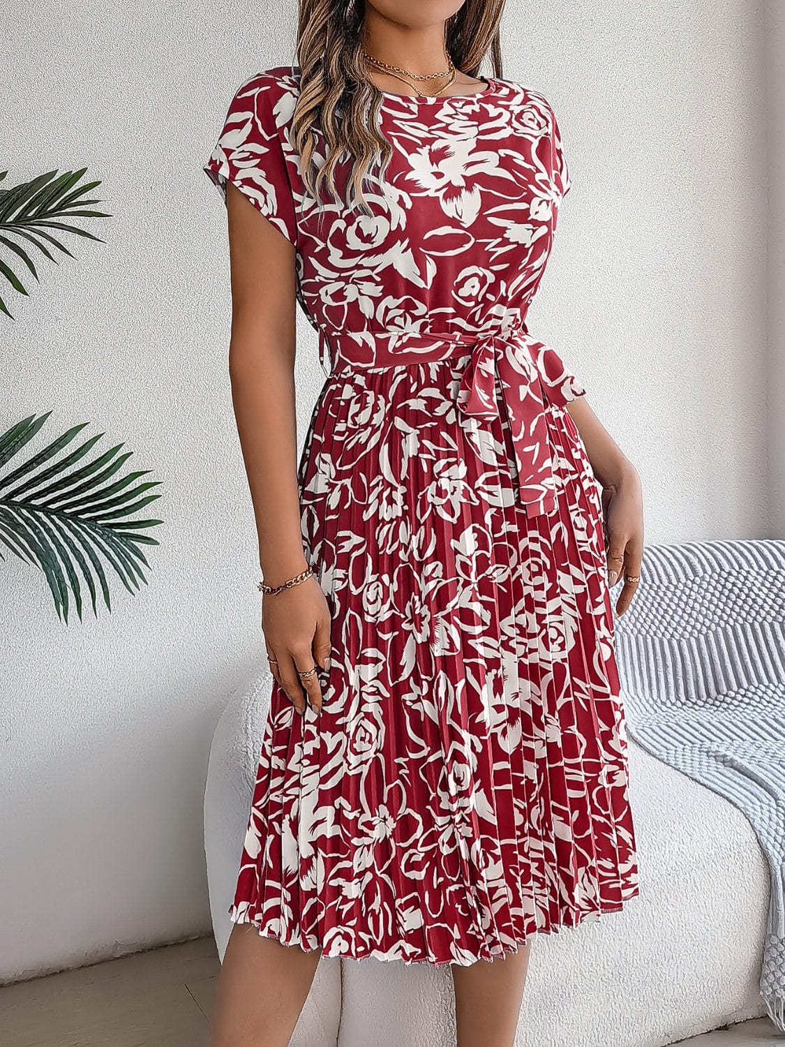 Tied Pleated Printed Short Sleeve Dress - Trendsi