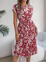 Tied Pleated Printed Short Sleeve Dress - Trendsi