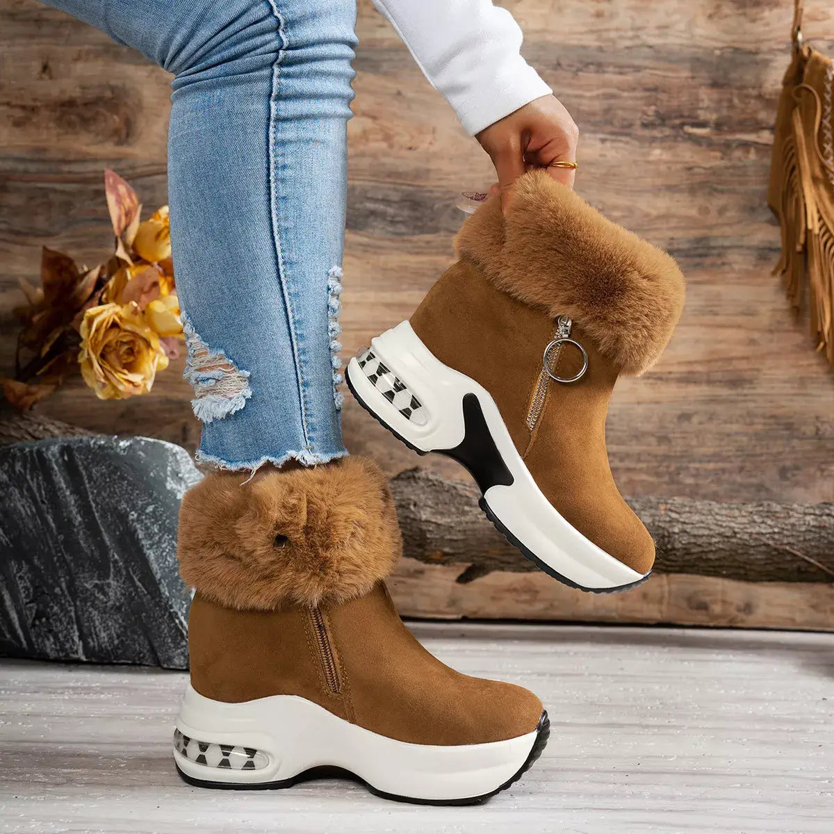 Fuzzy Side Zipper Platform Ankle Boots - Trendsi - Flyclothing LLC