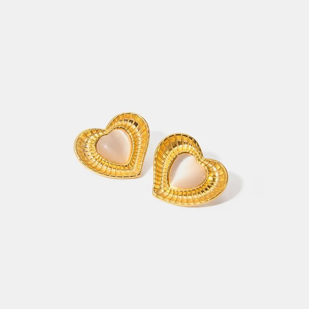 Stainless Steel Cat's Eye Stone Heart Earrings - Trendsi