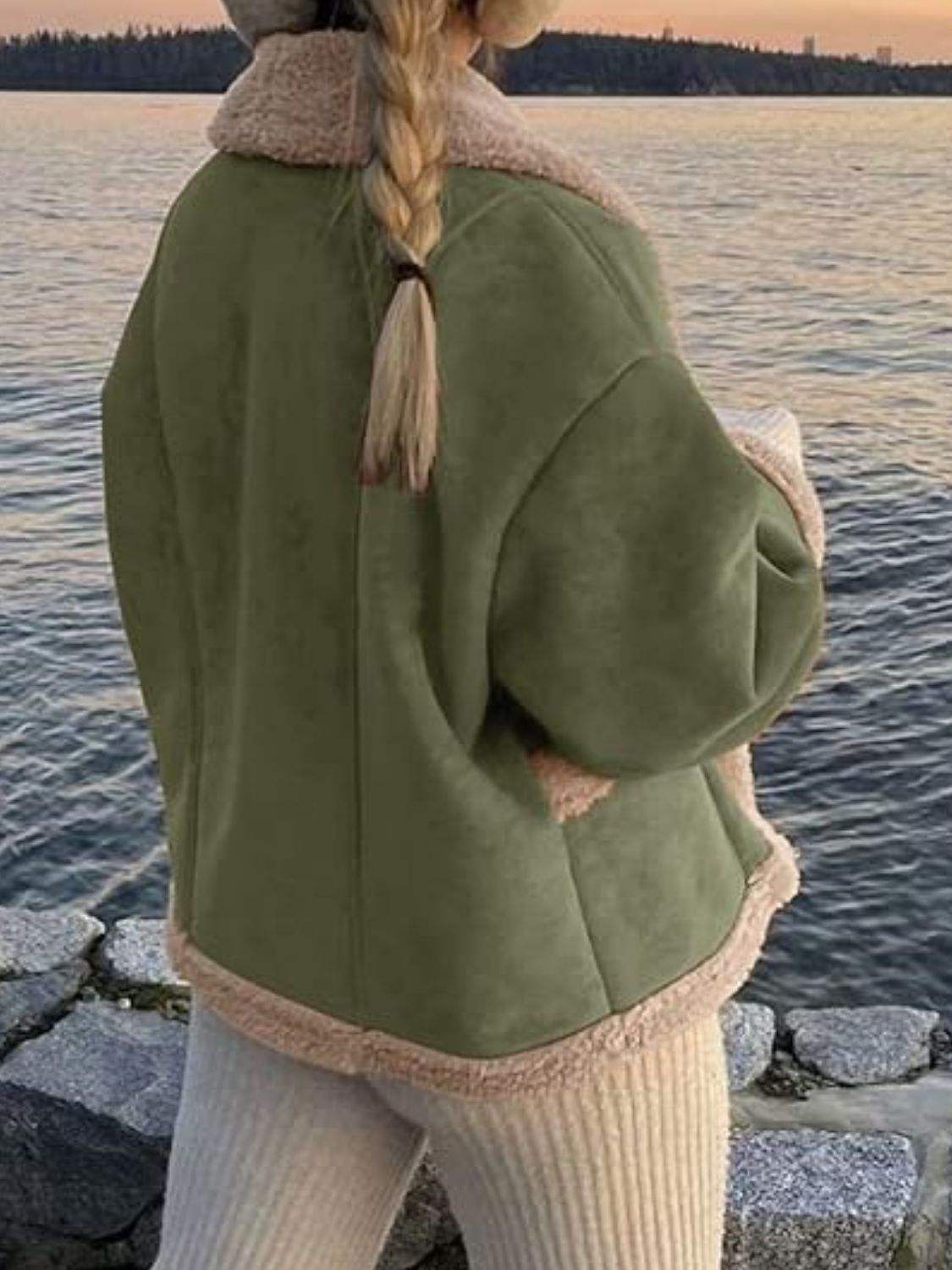 Fuzzy Collared Neck Long Sleeve Jacket - Trendsi - Flyclothing LLC