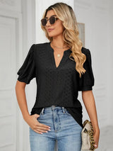 Florira Eyelet Notched Short Sleeve T-Shirt - Trendsi - Flyclothing LLC