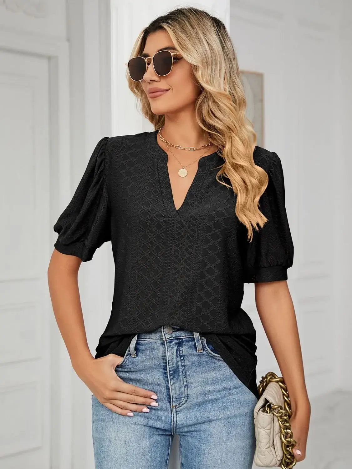 Florira Eyelet Notched Short Sleeve T-Shirt - Trendsi - Flyclothing LLC