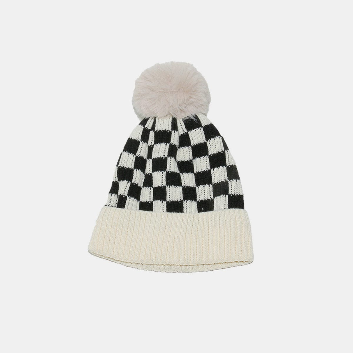 Checkered Knit Hat with Pompom - Trendsi