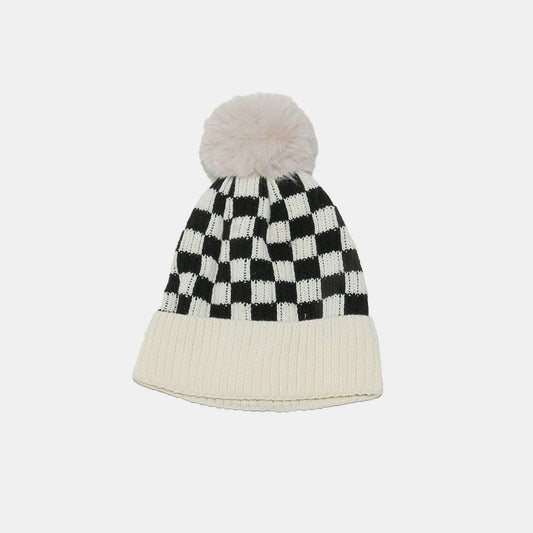 Checkered Knit Hat with Pompom - Trendsi