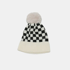 Checkered Knit Hat with Pompom - Trendsi