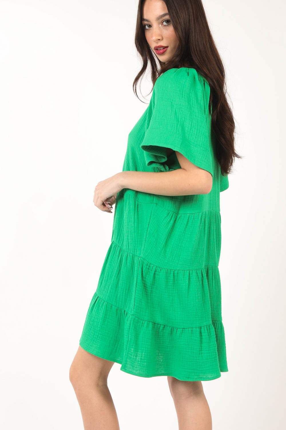 VERY J Texture V-Neck Ruffled Tiered Dress - Trendsi - Flyclothing LLC