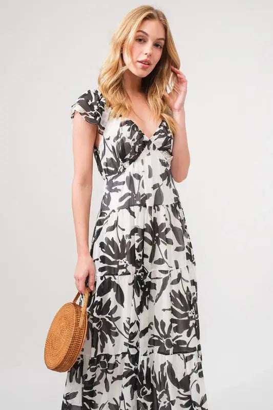 And The Why Ruffled Sleeve Tiered Floral Print Maxi Dress - Trendsi - Flyclothing LLC