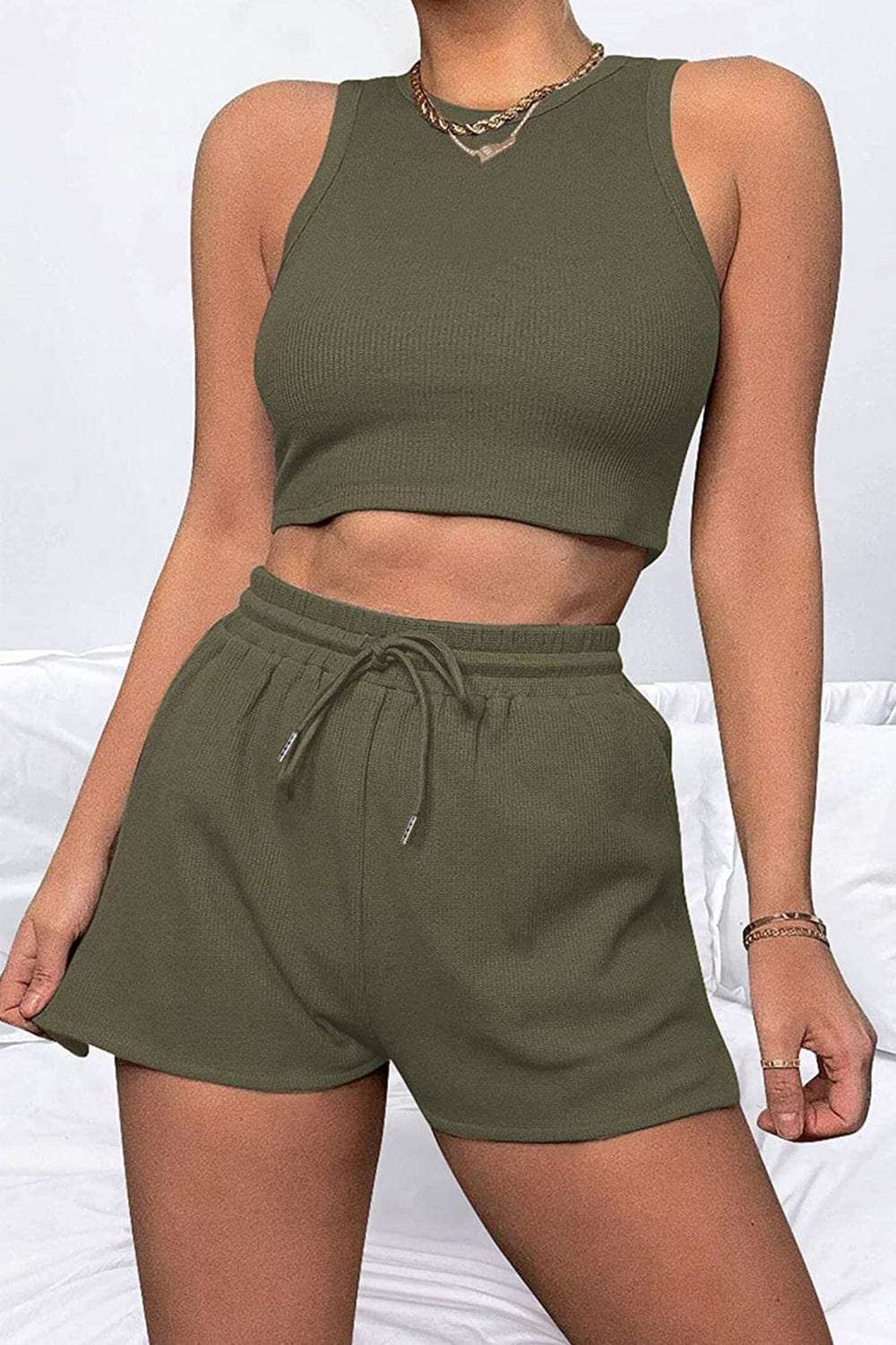 Round Neck Top and Drawstring Shorts Set - Trendsi - Flyclothing LLC